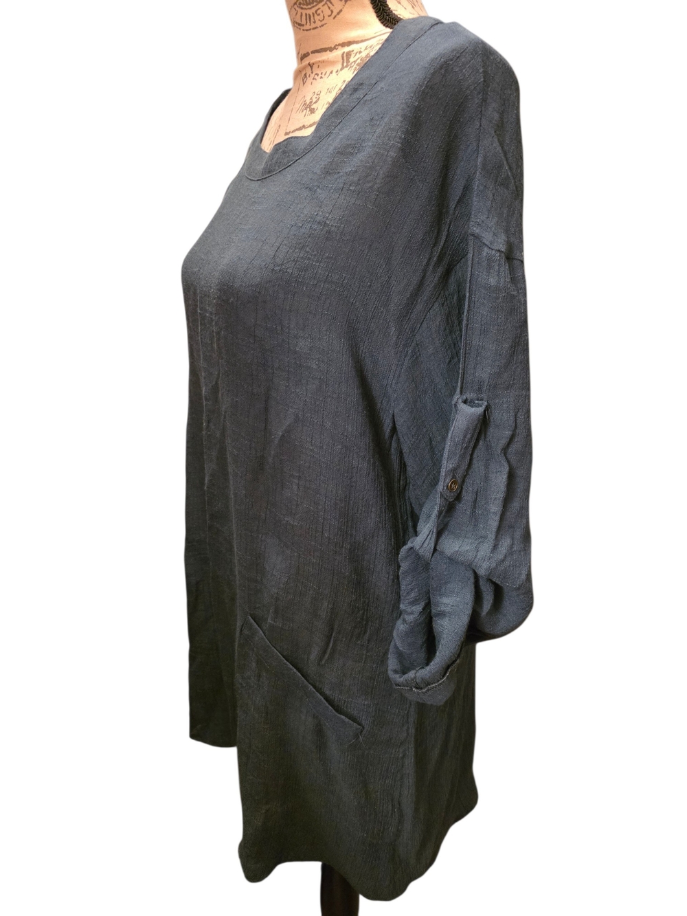 Umgee Slate Blue Long Sleeve Scoop Neck Semi-Sheer Tunic Dress Wimen's Small Euc